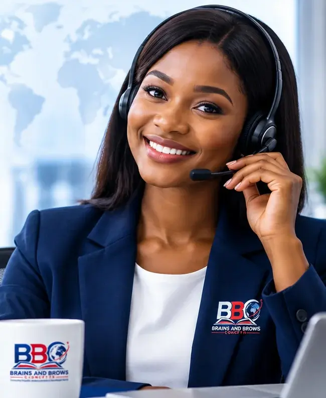 BBC support representative wearing a headset at her desk.
