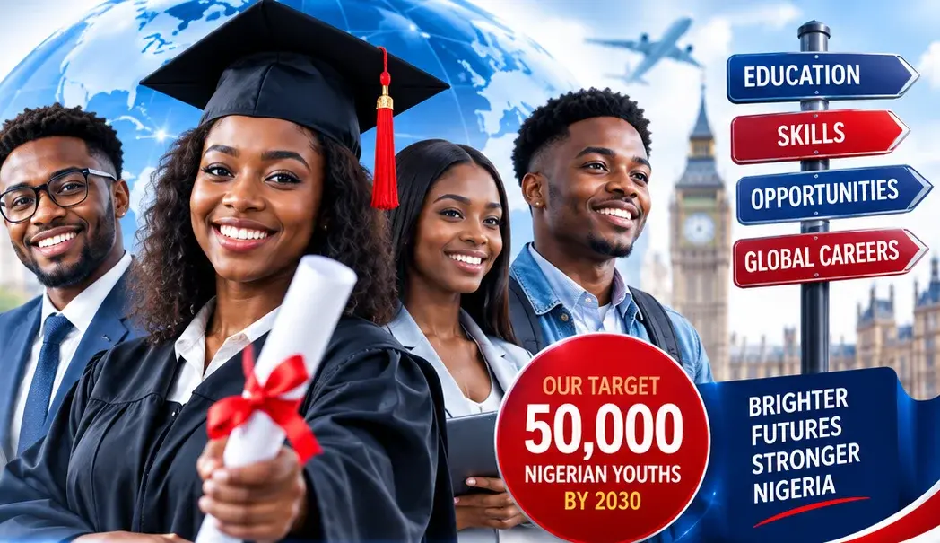 A graduate and young professionals in front of a globe, with signs for education, skills, opportunities and global careers.