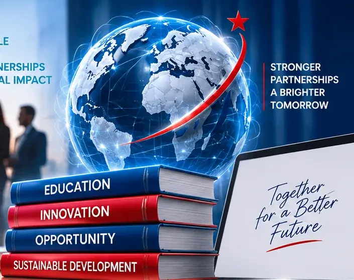 A connected globe above books labelled Education, Innovation, Opportunity and Sustainable Development, beside a laptop.