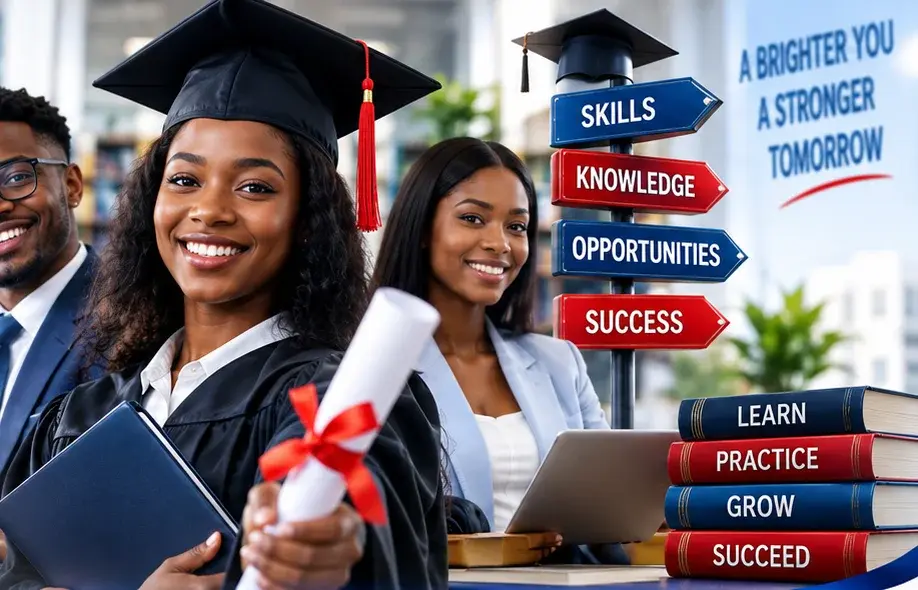 A smiling graduate holding her certificate beside a professional with a laptop, books and signs for skills, knowledge, opportunities and success.